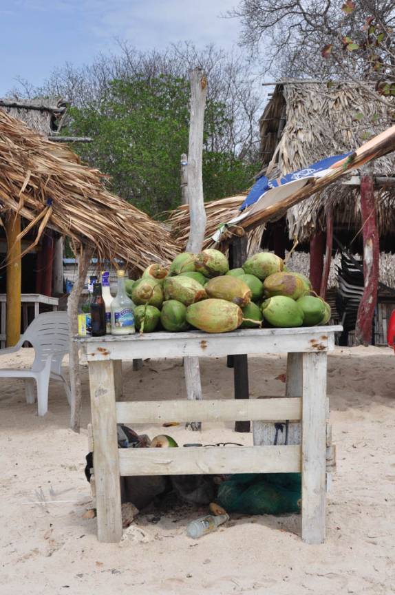 Venda de cocos na Playa Blanca, em Baru, na Colômbia